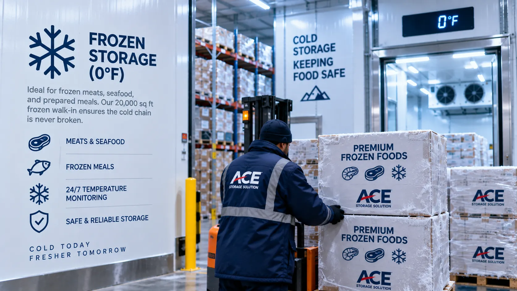 0°F frozen warehouse storage for meat seafood and prepared foods