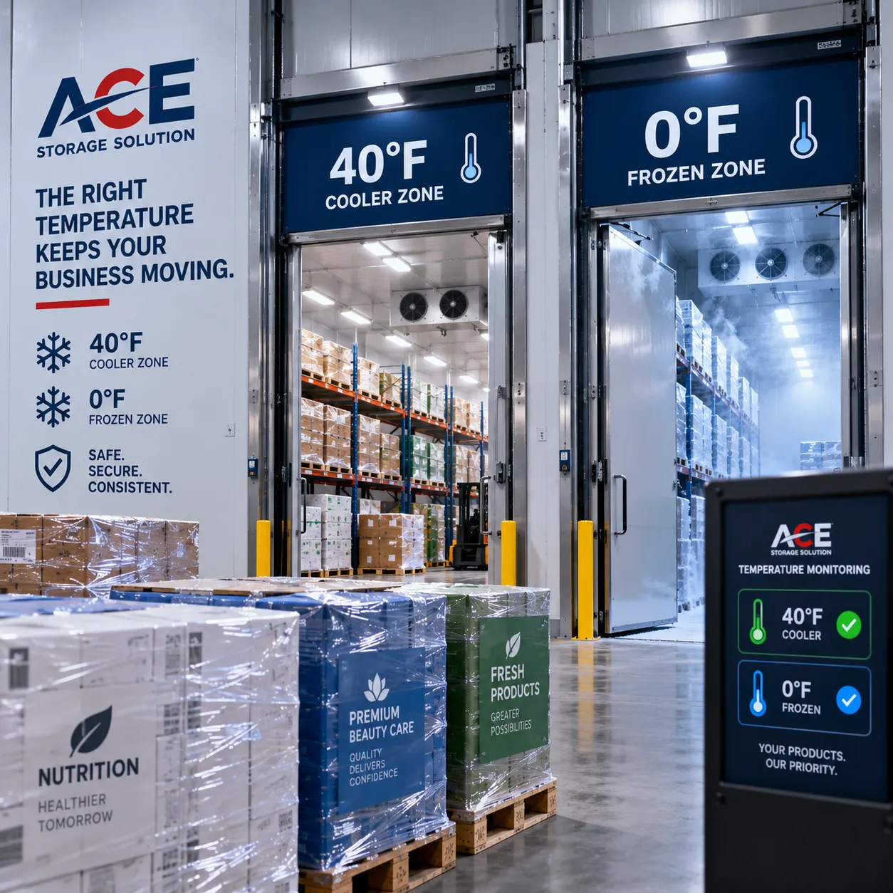 Climate-controlled warehouse with 40-degree cooler and 0-degree freezer storage