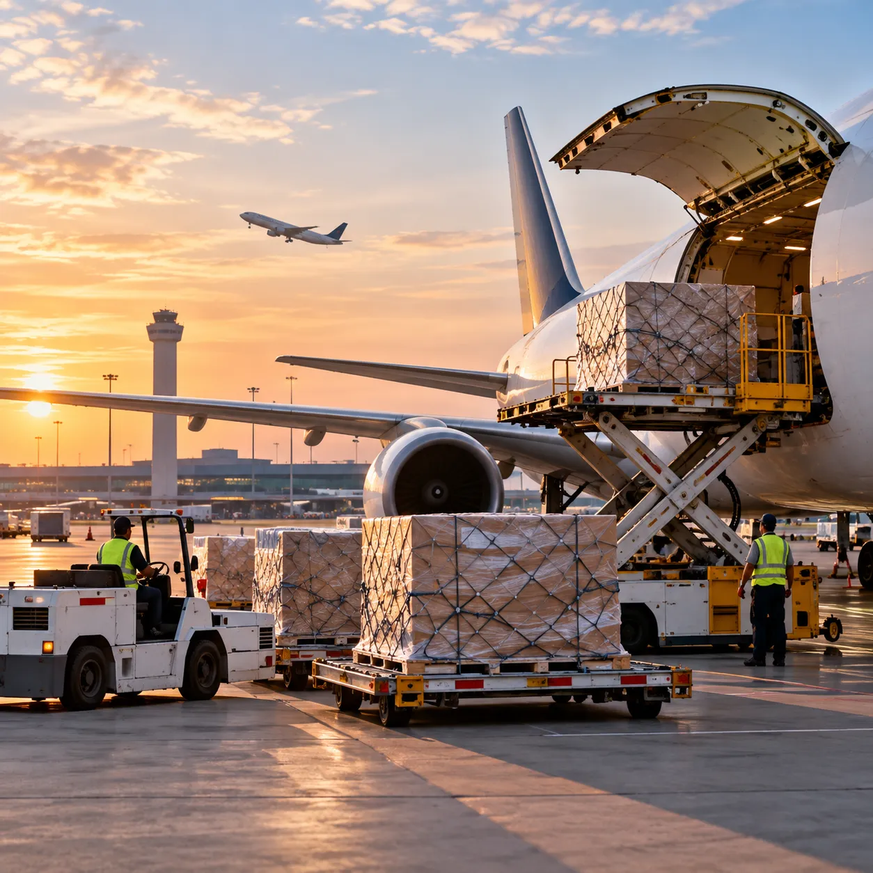 Cargo aircraft being loaded at DFW International Airport