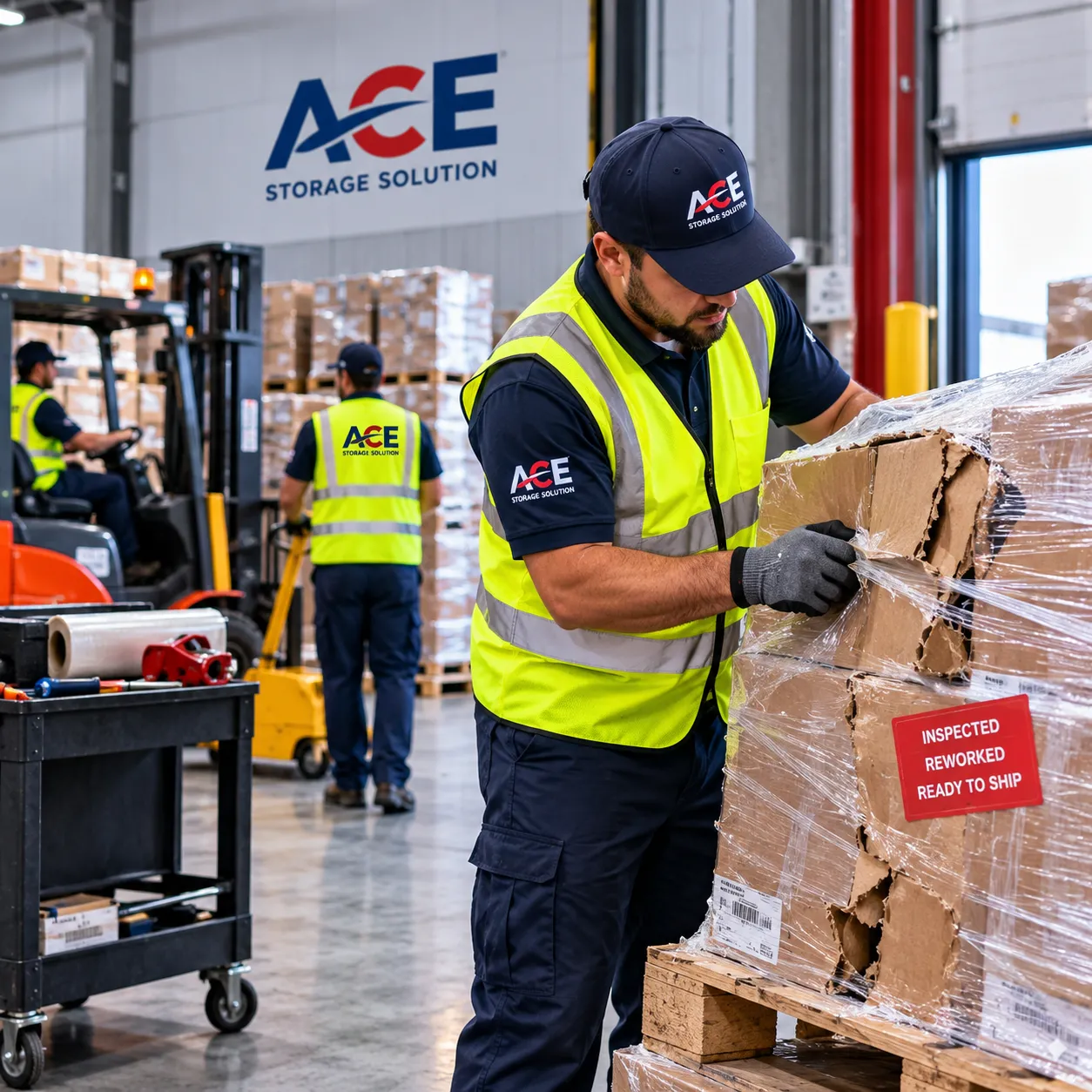 Warehouse workers handling and re-stacking a distressed freight load