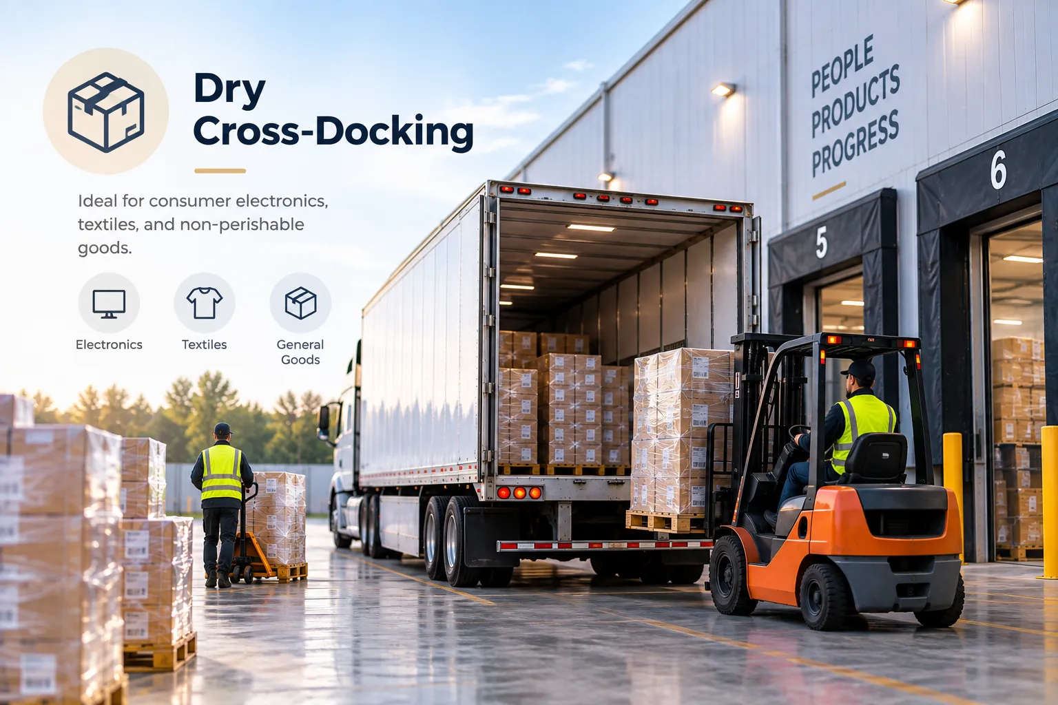 Dry cross-docking of non-perishable goods at a warehouse
