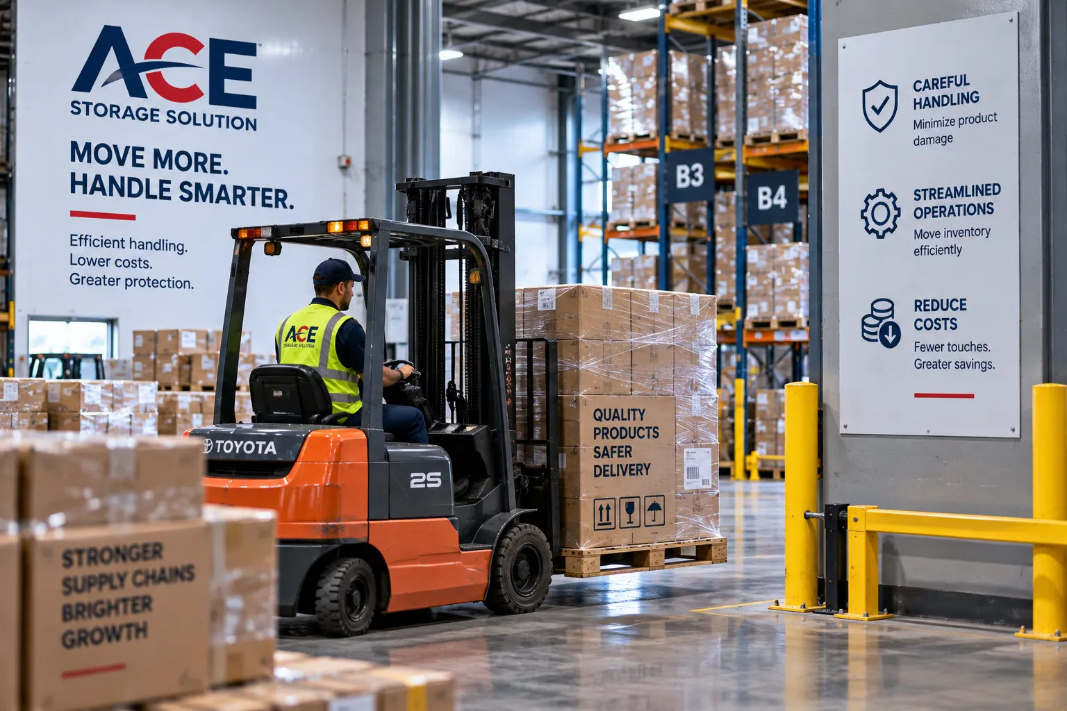 Forklift moving palletized inventory efficiently inside a warehouse