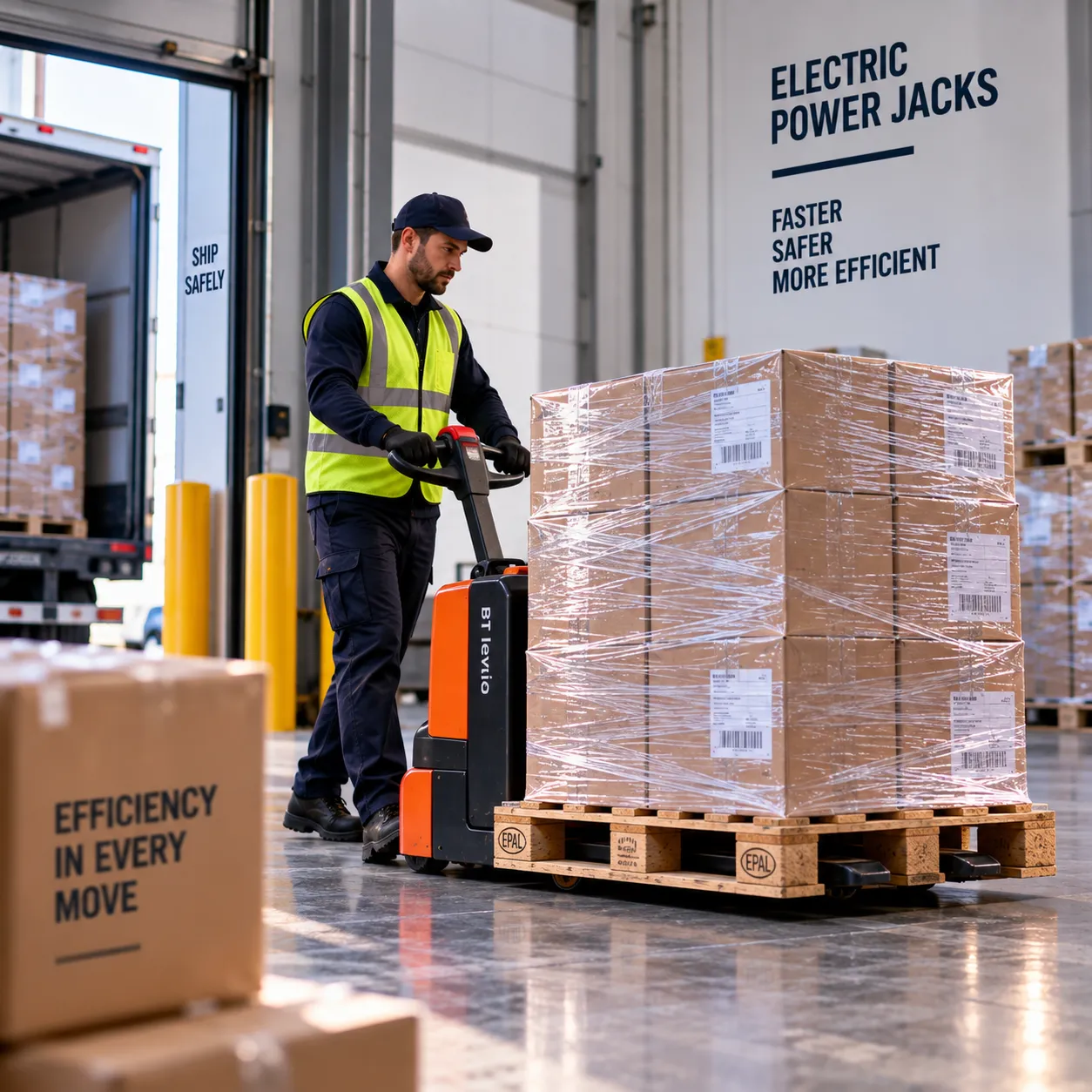 Electric power jack handling pallets inside trailer