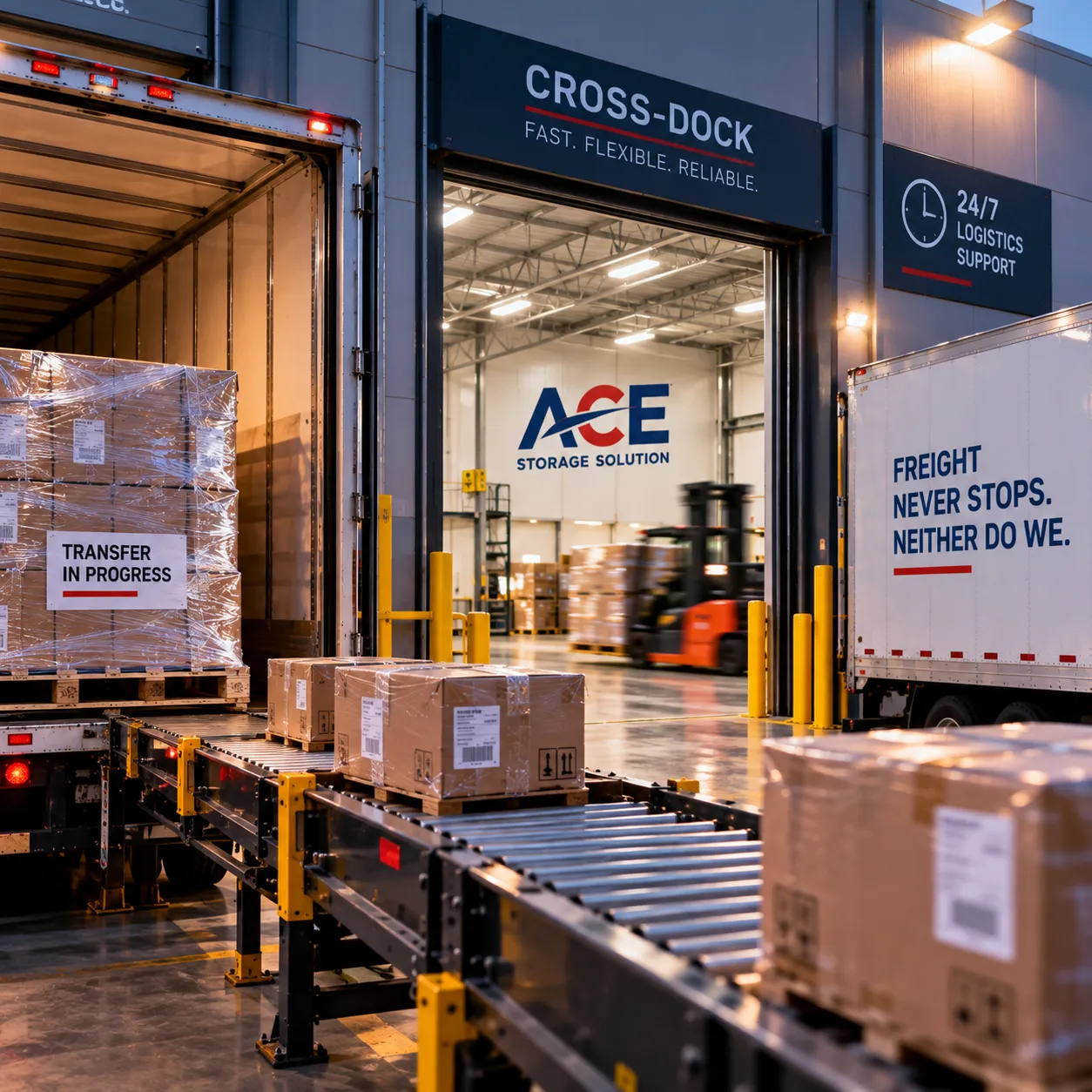 Freight being transferred between trucks during emergency cross-docking