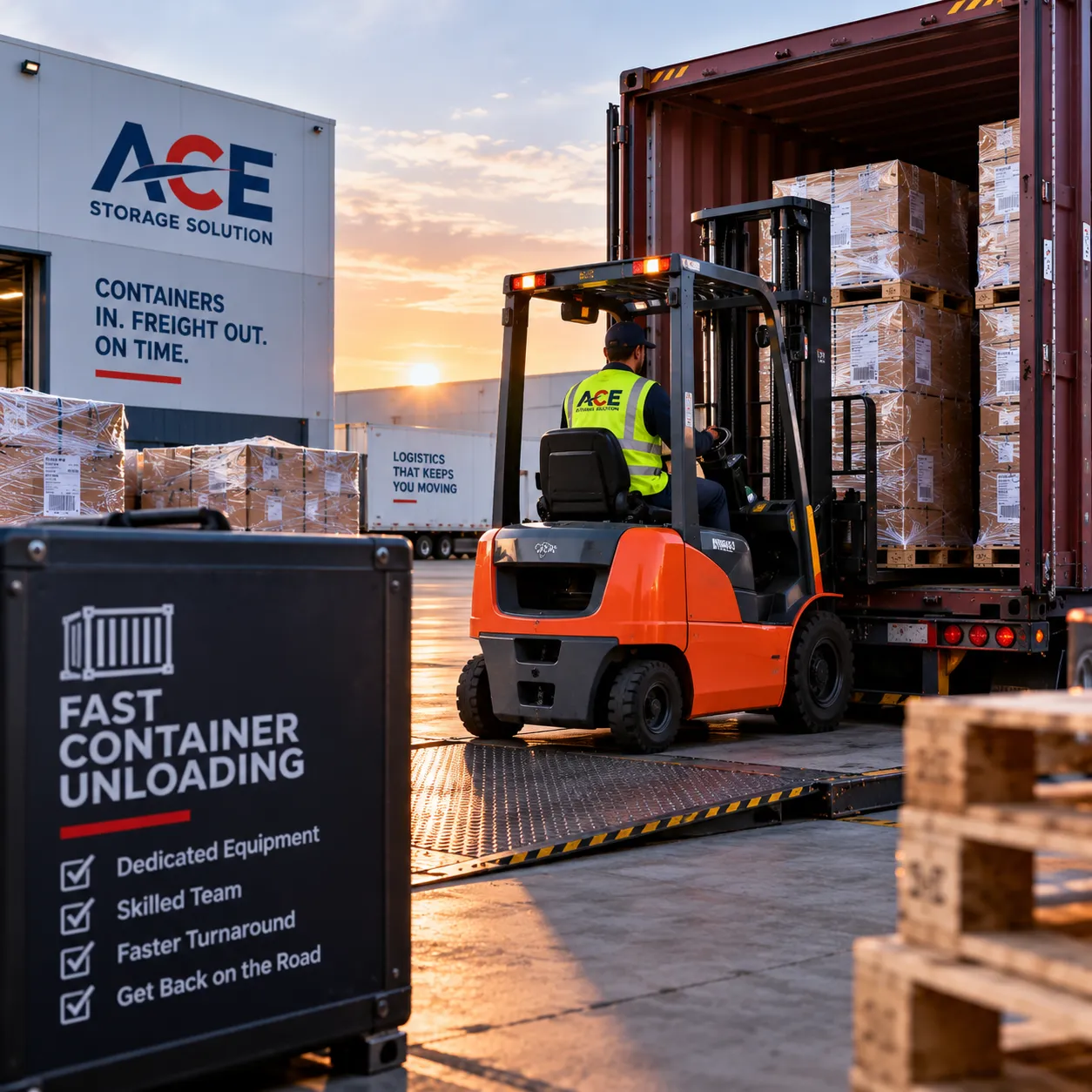 Forklift unloading palletized freight from a shipping container