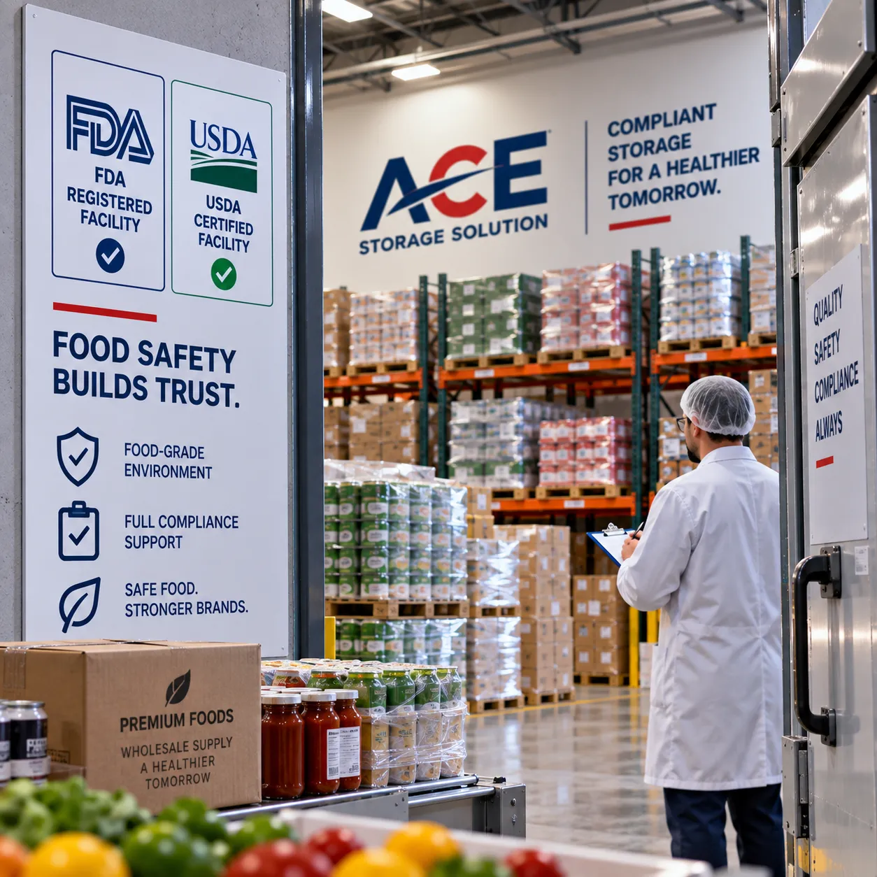 Food-grade warehouse with palletized food inventory and certified storage areas
