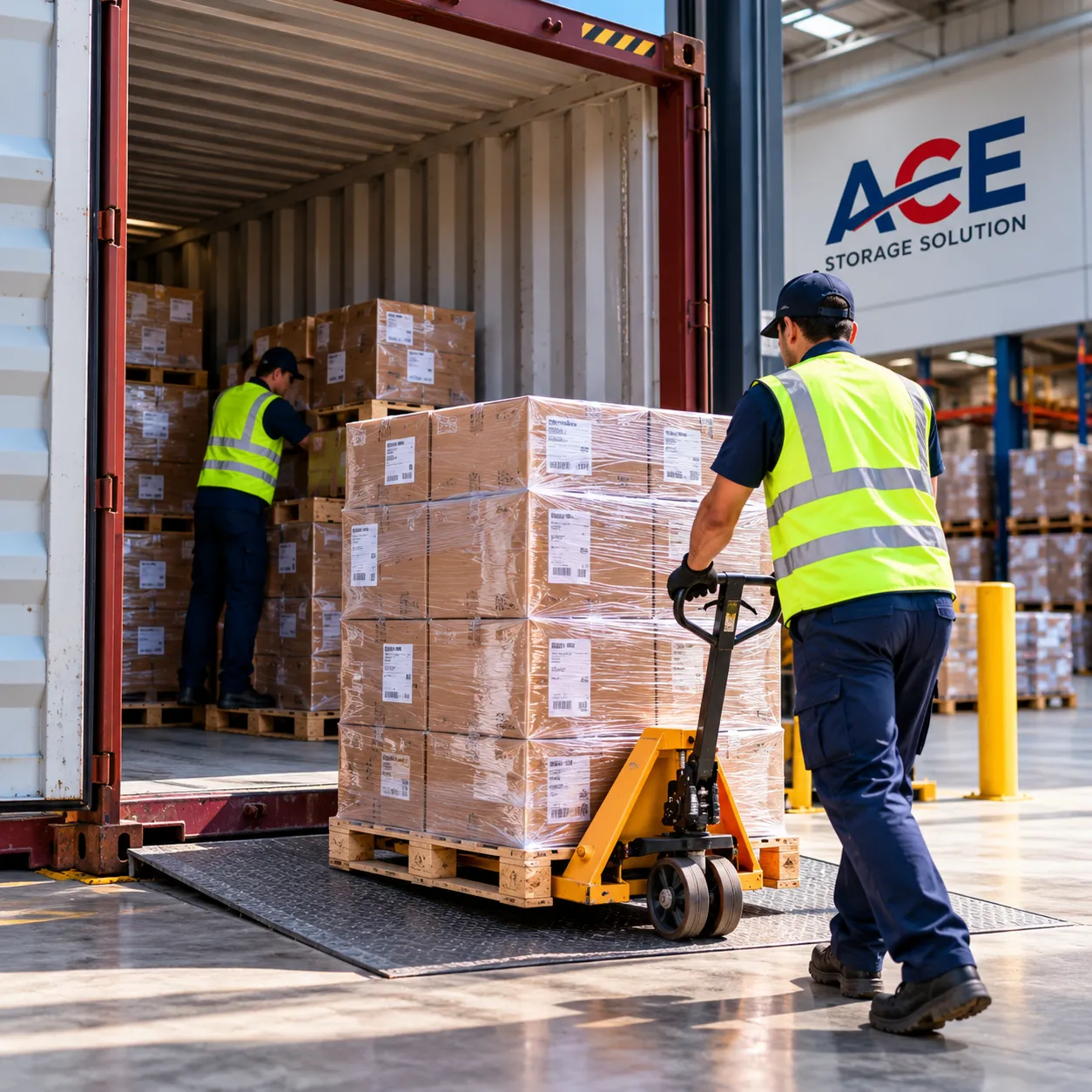 Workers unloading floor-loaded cargo from a shipping container