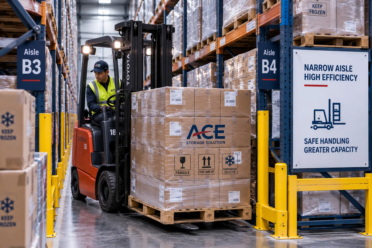 Forklift safely moving pallets through narrow warehouse aisles