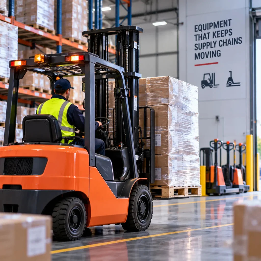 Forklifts and power jacks operating in a modern warehouse
