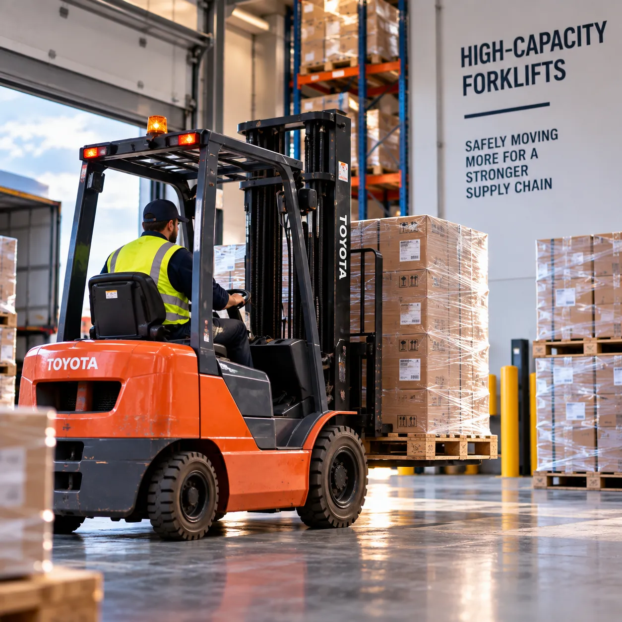 High-capacity forklift moving pallets during freight restacking