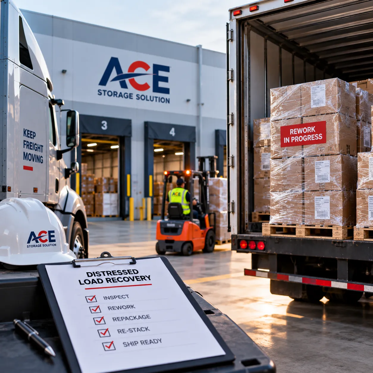 Workers re-stacking and securing shifted pallets for delivery