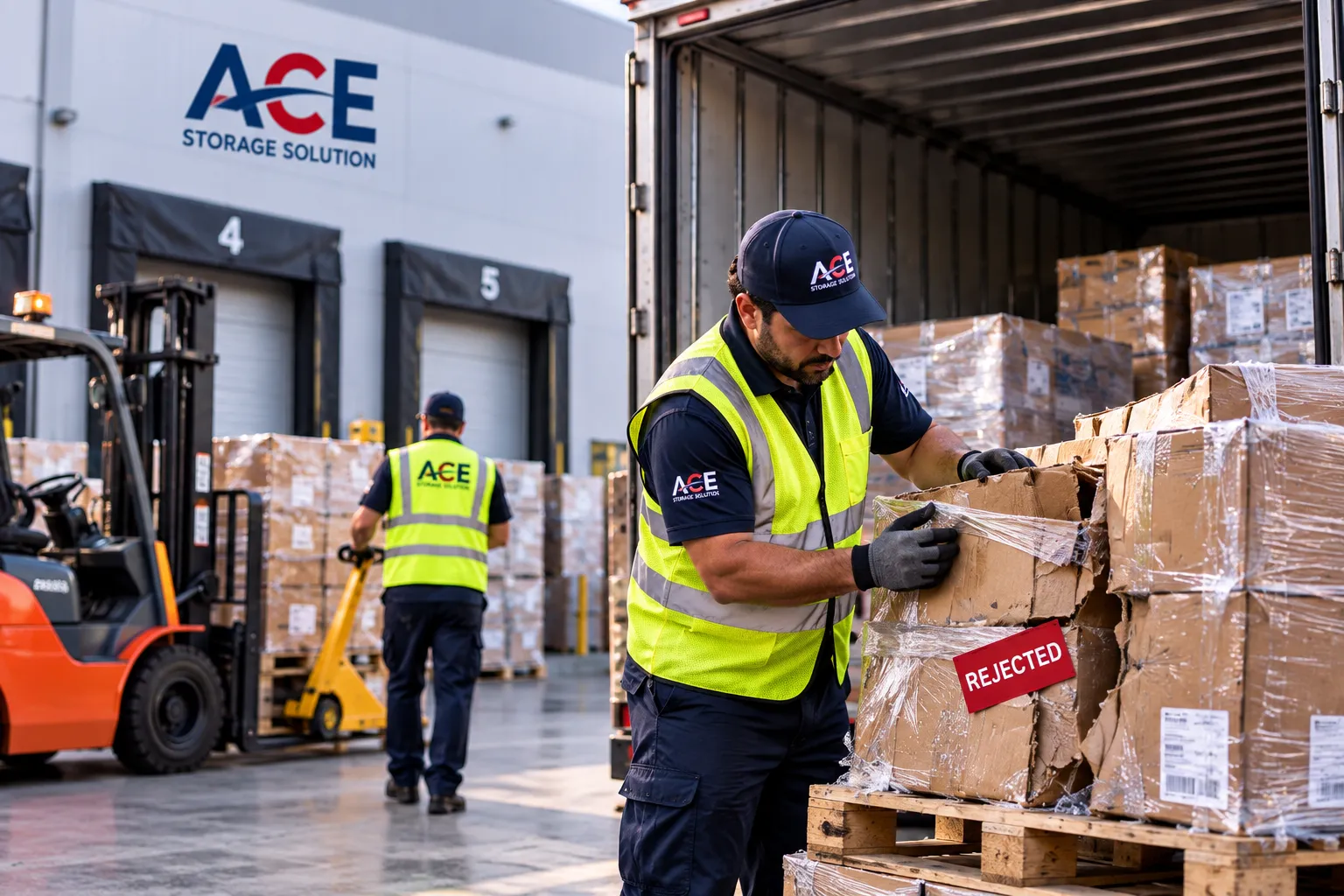Warehouse worker reworking and stabilizing rejected freight pallets