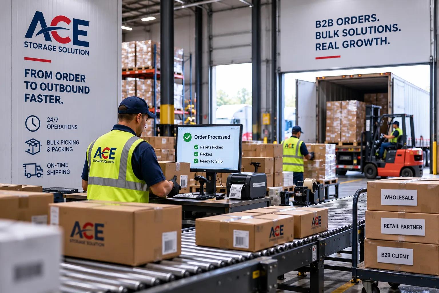 Warehouse team preparing wholesale orders for shipment from pallet inventory